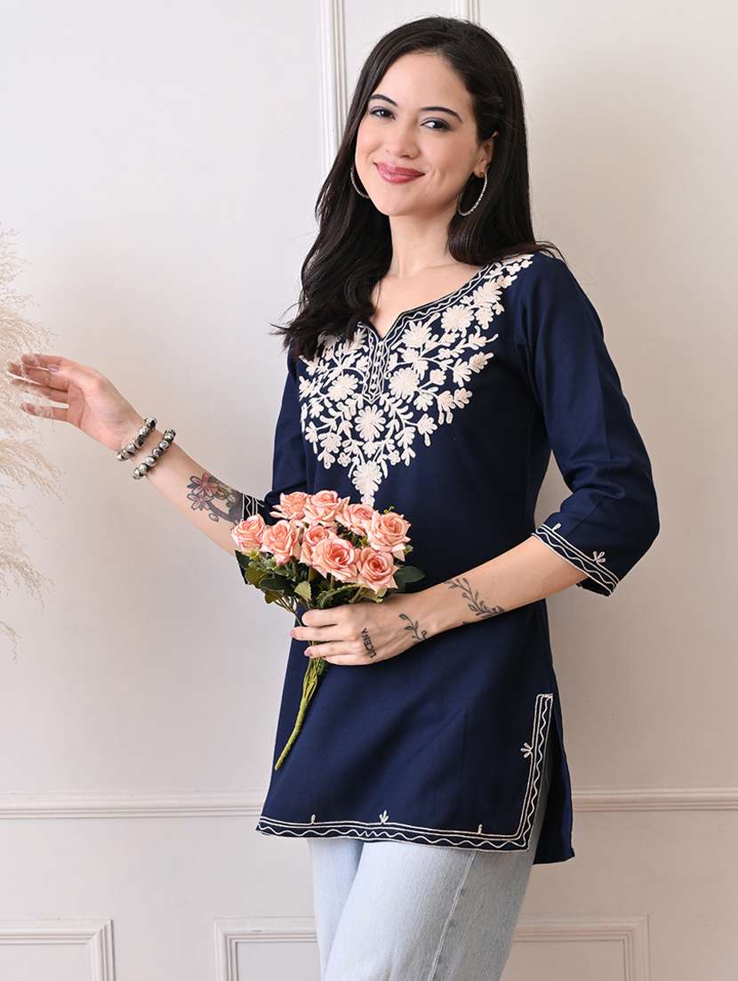 women embroidered three quarter sleeve straight kurti - 22079861 - Standard Image - 1