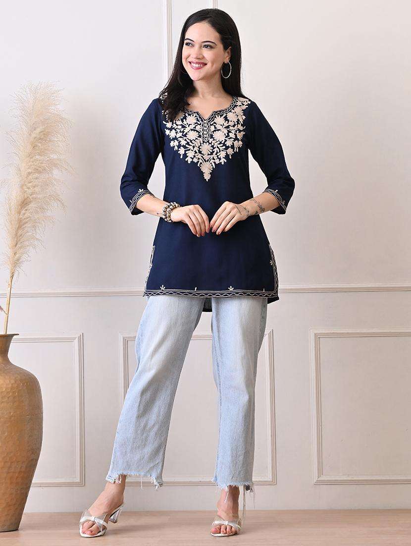 women embroidered three quarter sleeve straight kurti - 22079861 -  Standard Image - 4