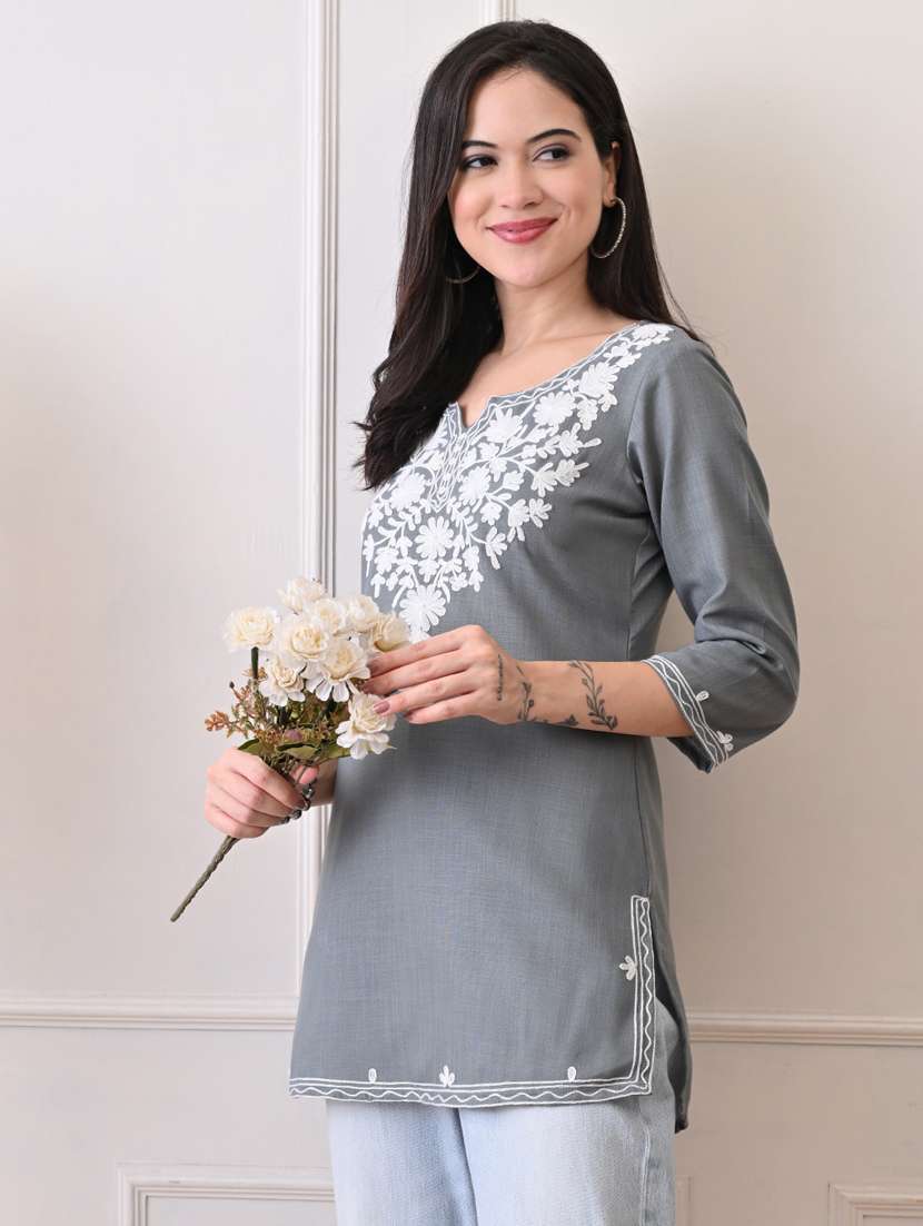 women embroidered three quarter sleeve straight kurti - 22079862 - Standard Image - 1