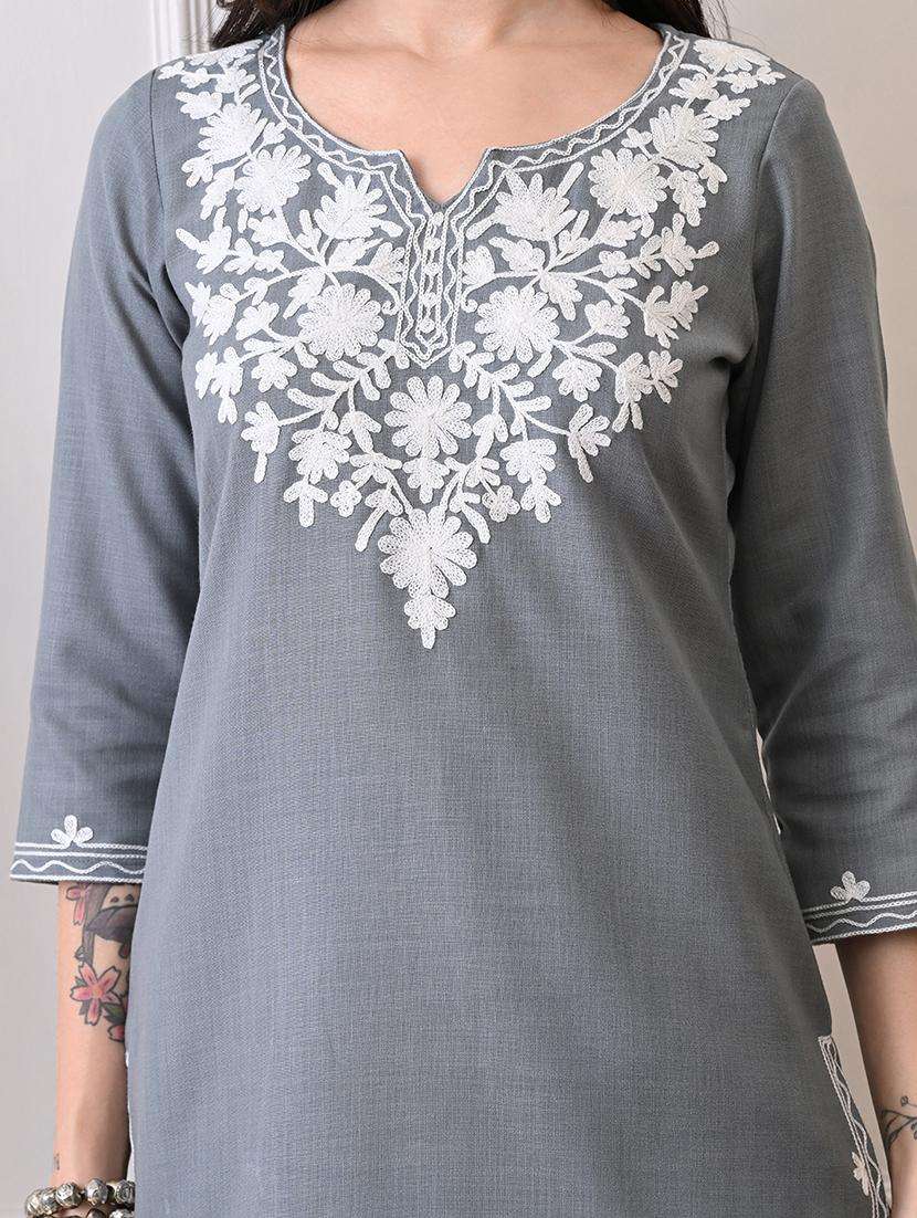 women embroidered three quarter sleeve straight kurti - 22079862 -  Standard Image - 1