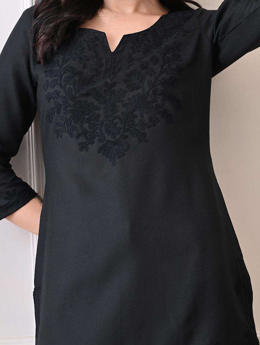 women embroidered three quarter sleeve straight kurti - 22079863 -  Standard Image - 1