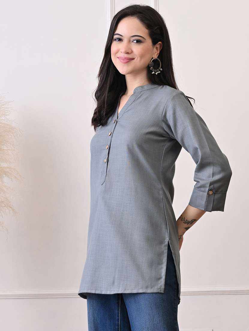 women solid three quarter sleeve straight kurti - 22079864 -  Standard Image - 1