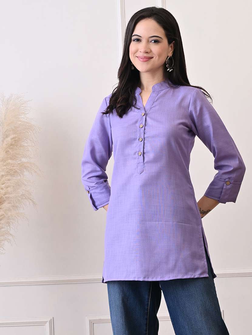 women solid three quarter sleeve straight kurti - 22079865 -  Standard Image - 4