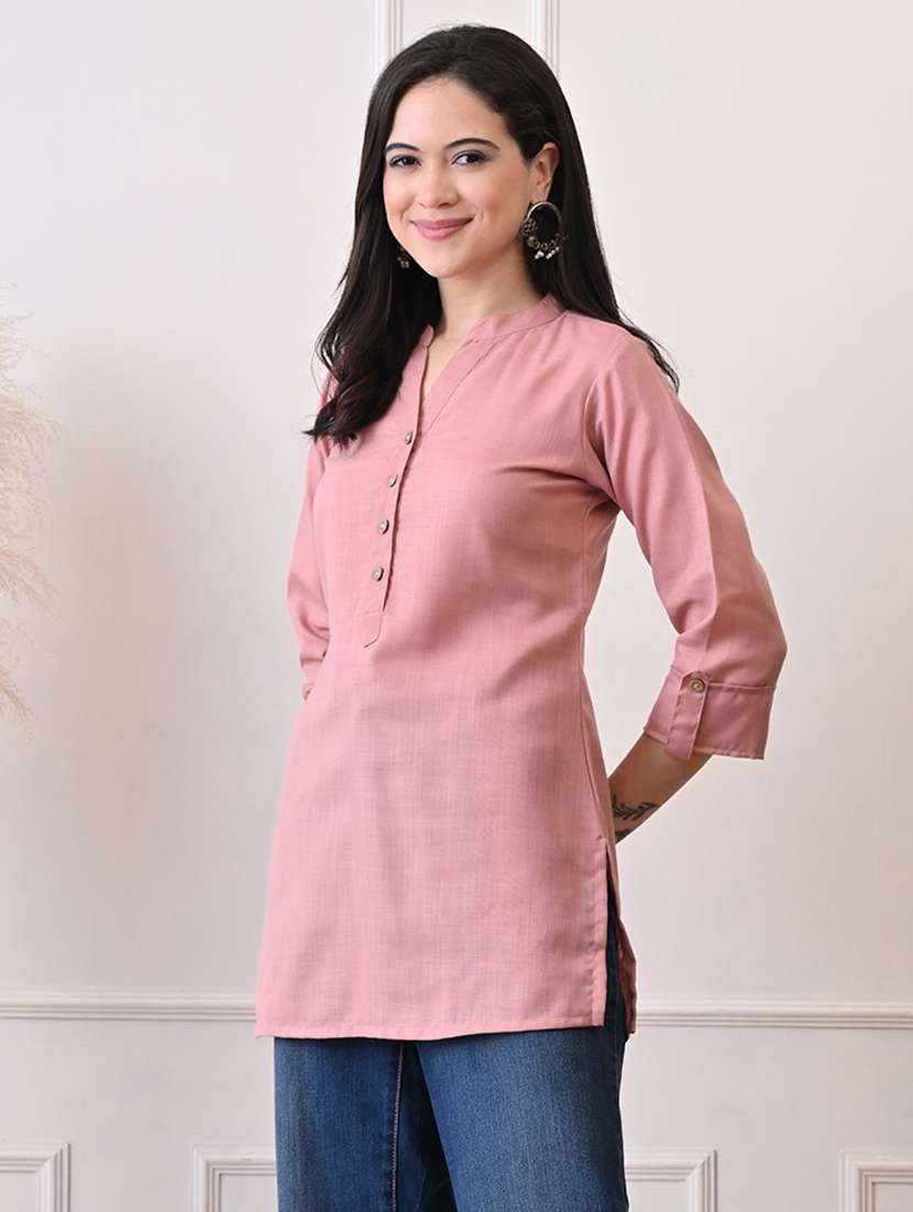 women solid three quarter sleeve straight kurti - 22079866 - Standard Image - 1