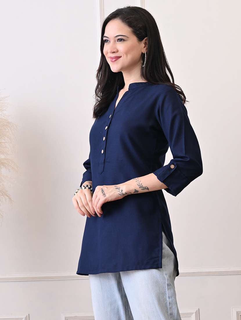 women solid three quarter sleeve straight kurti - 22079867 -  Standard Image - 1
