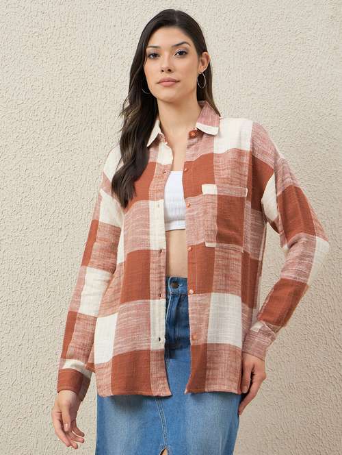 women checkered long sleeve collared oversized shirt - 22079868 - Standard Image - 0
