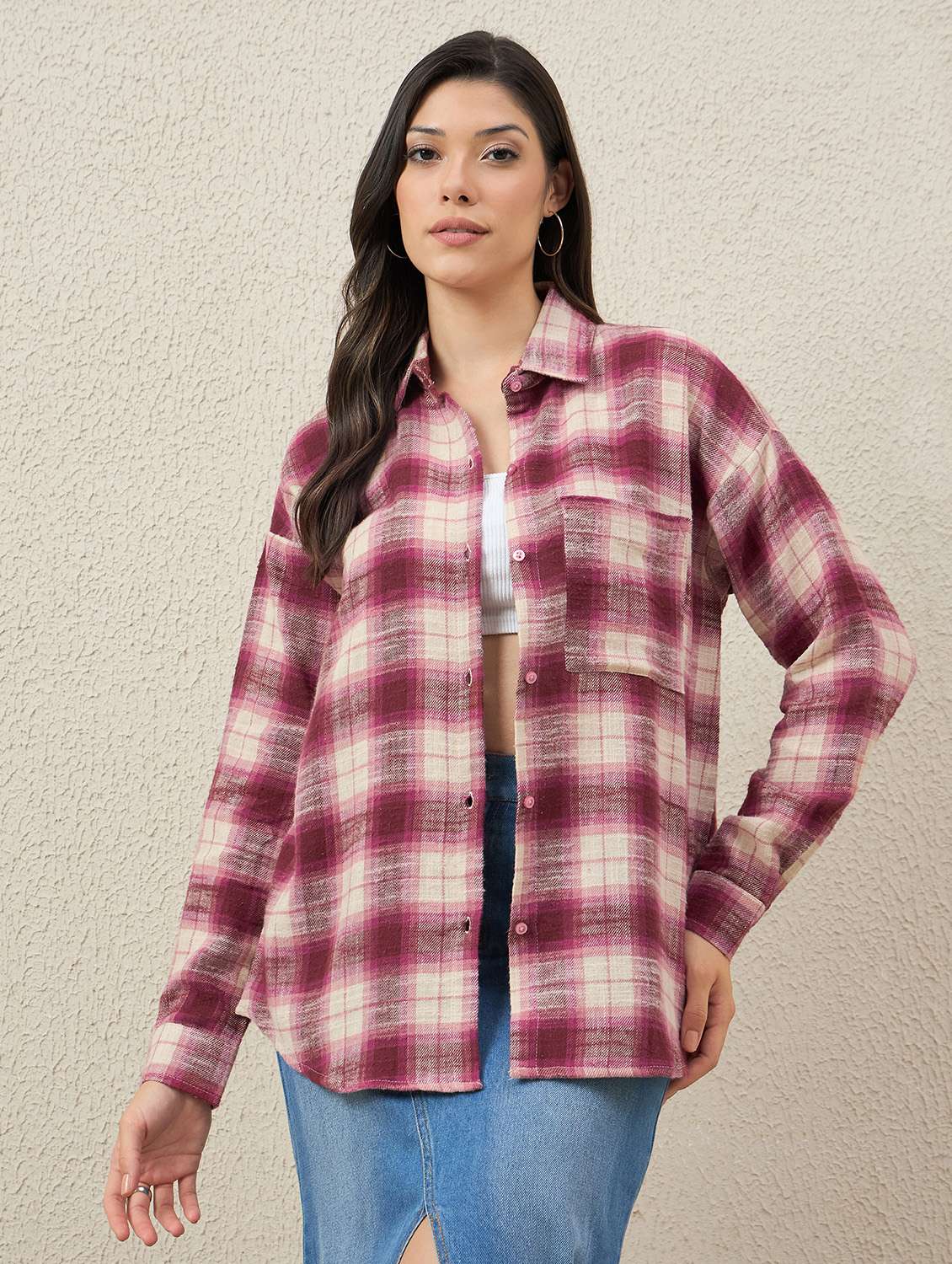 women checkered long sleeve collared oversized shirt