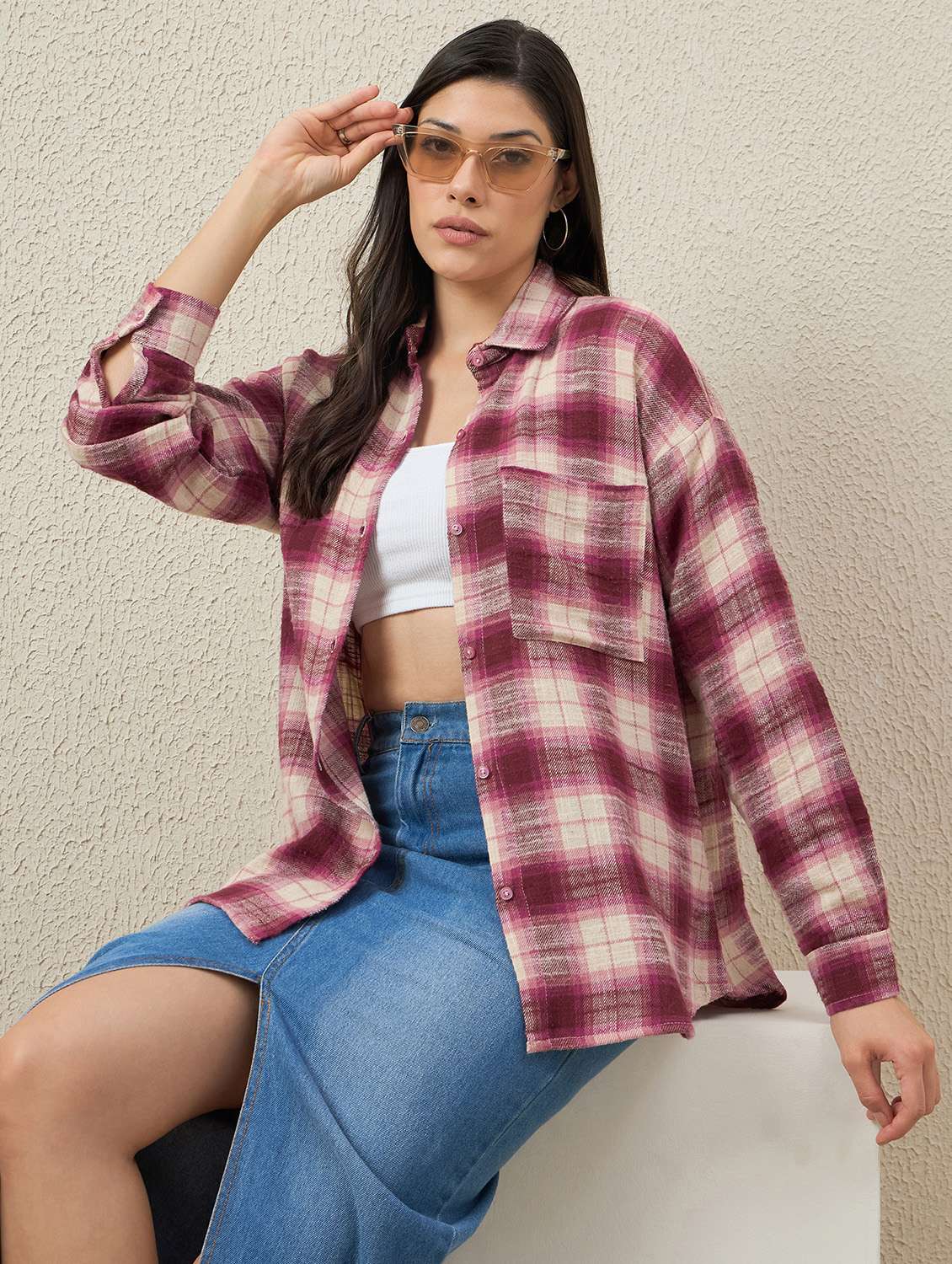 women checkered long sleeve collared oversized shirt - 22079869 -  Standard Image - 1