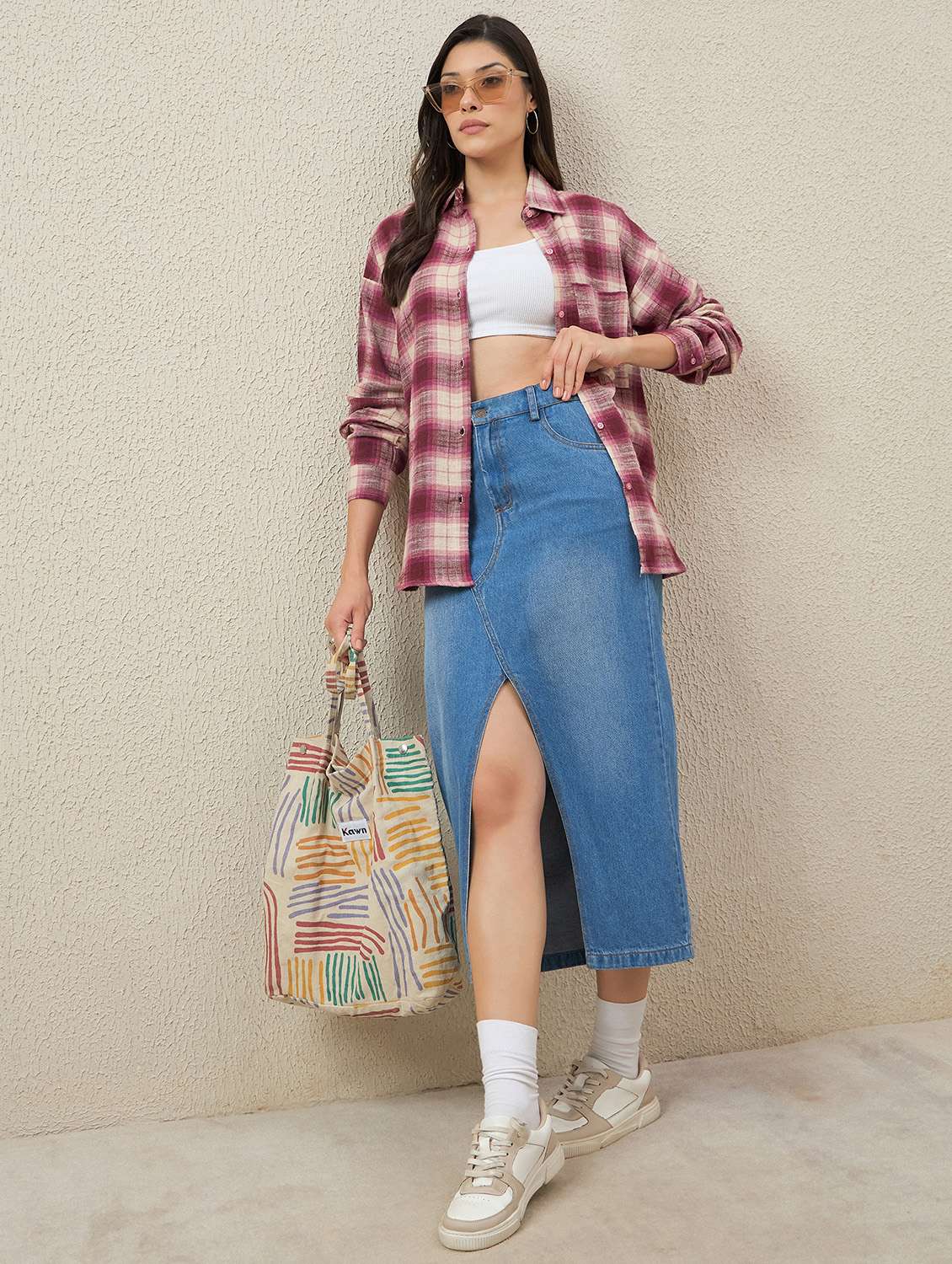 women checkered long sleeve collared oversized shirt - 22079869 - Standard Image - 4
