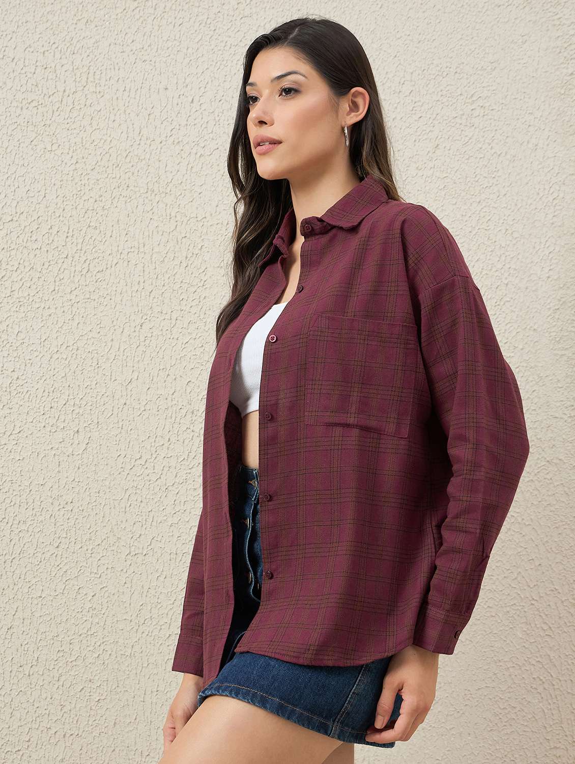 women checkered long sleeve collared oversized shirt - 22079870 - Standard Image - 1