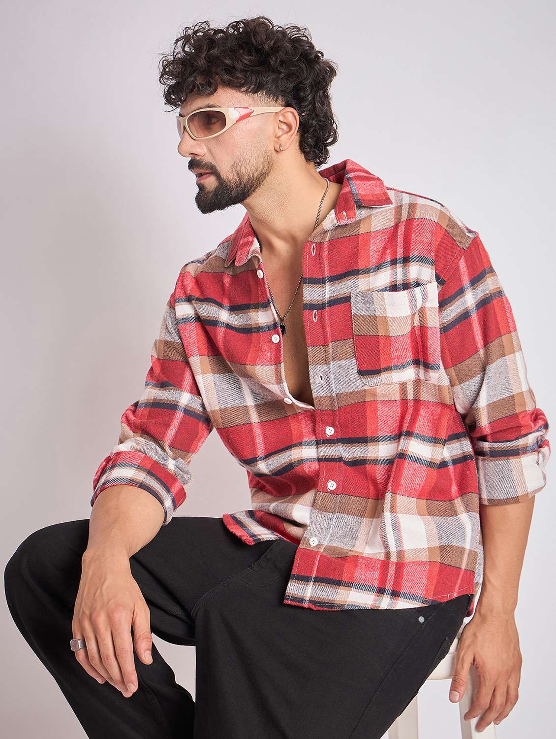 men checkered long sleeve oversized casual shirt - 22079871 -  Standard Image - 1