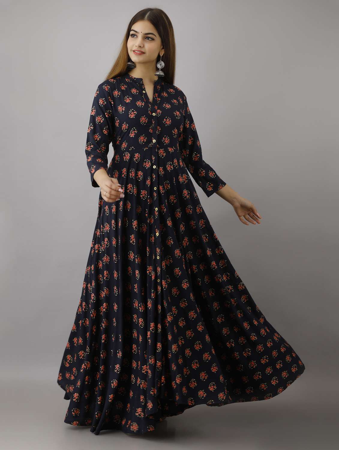 women floral printed three quarter sleeve ethnic dress - 22079875 -  Standard Image - 1