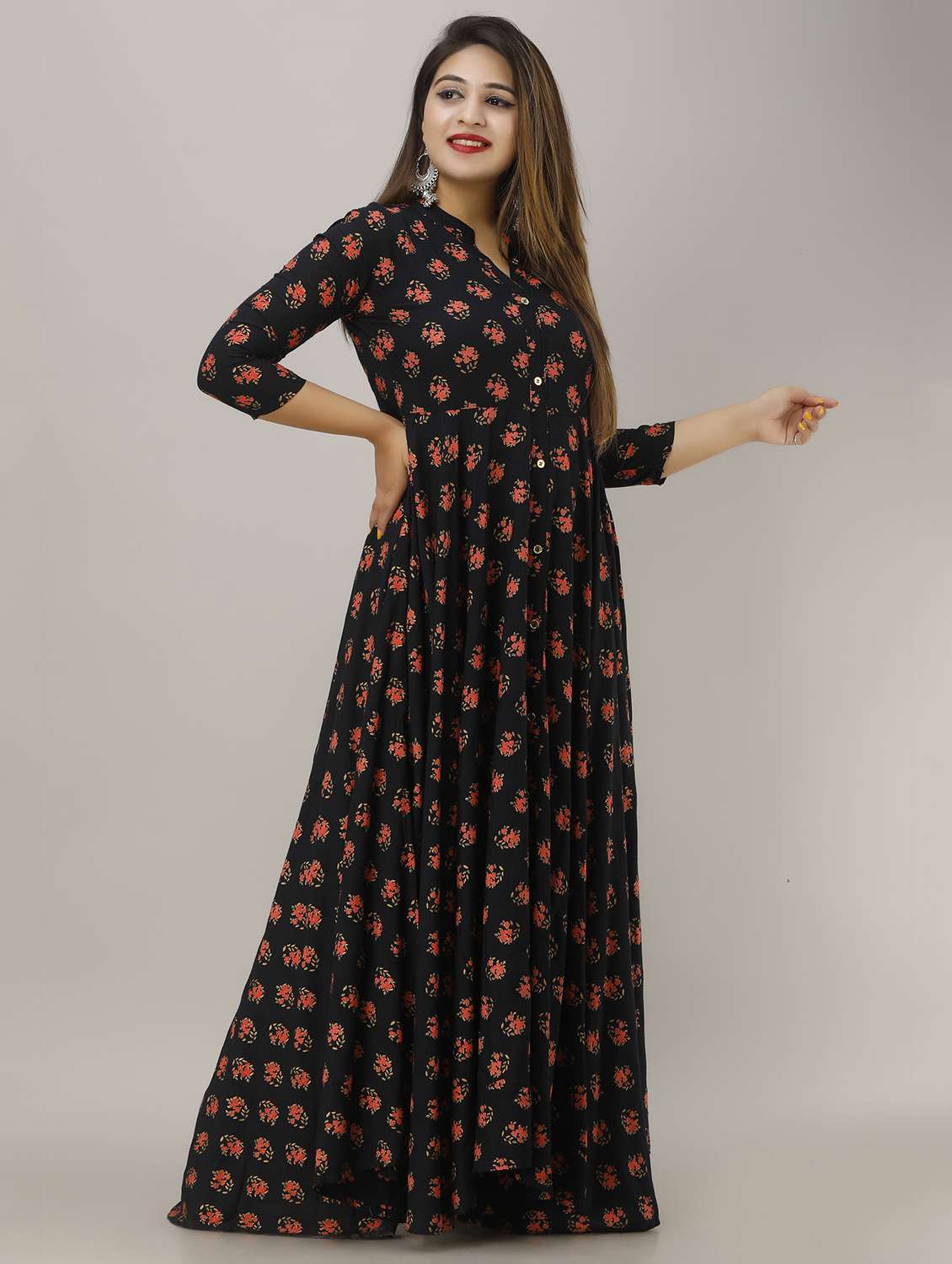 women floral printed three quarter sleeve ethnic dress - 22079876 -  Standard Image - 1