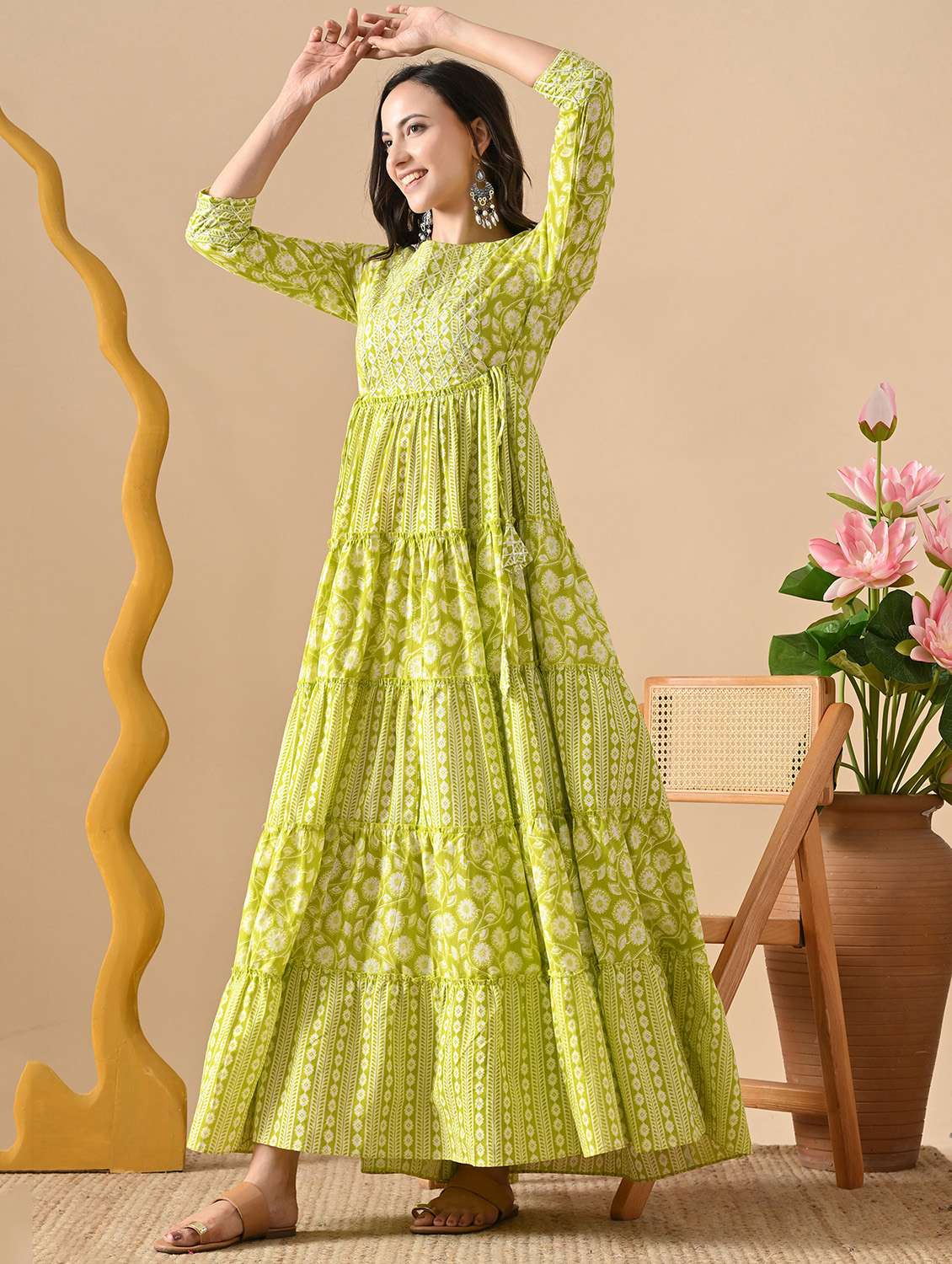 women printed three quarter sleeve ethnic dress - 22079878 -  Standard Image - 1