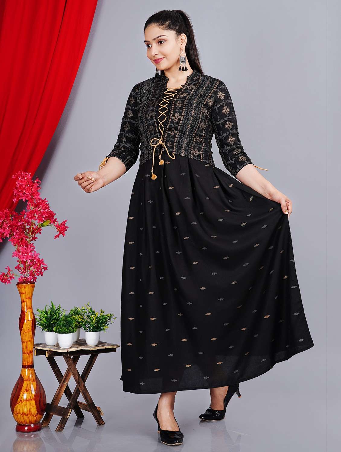 women printed three quarter sleeve ethnic dress - 22079879 -  Standard Image - 1