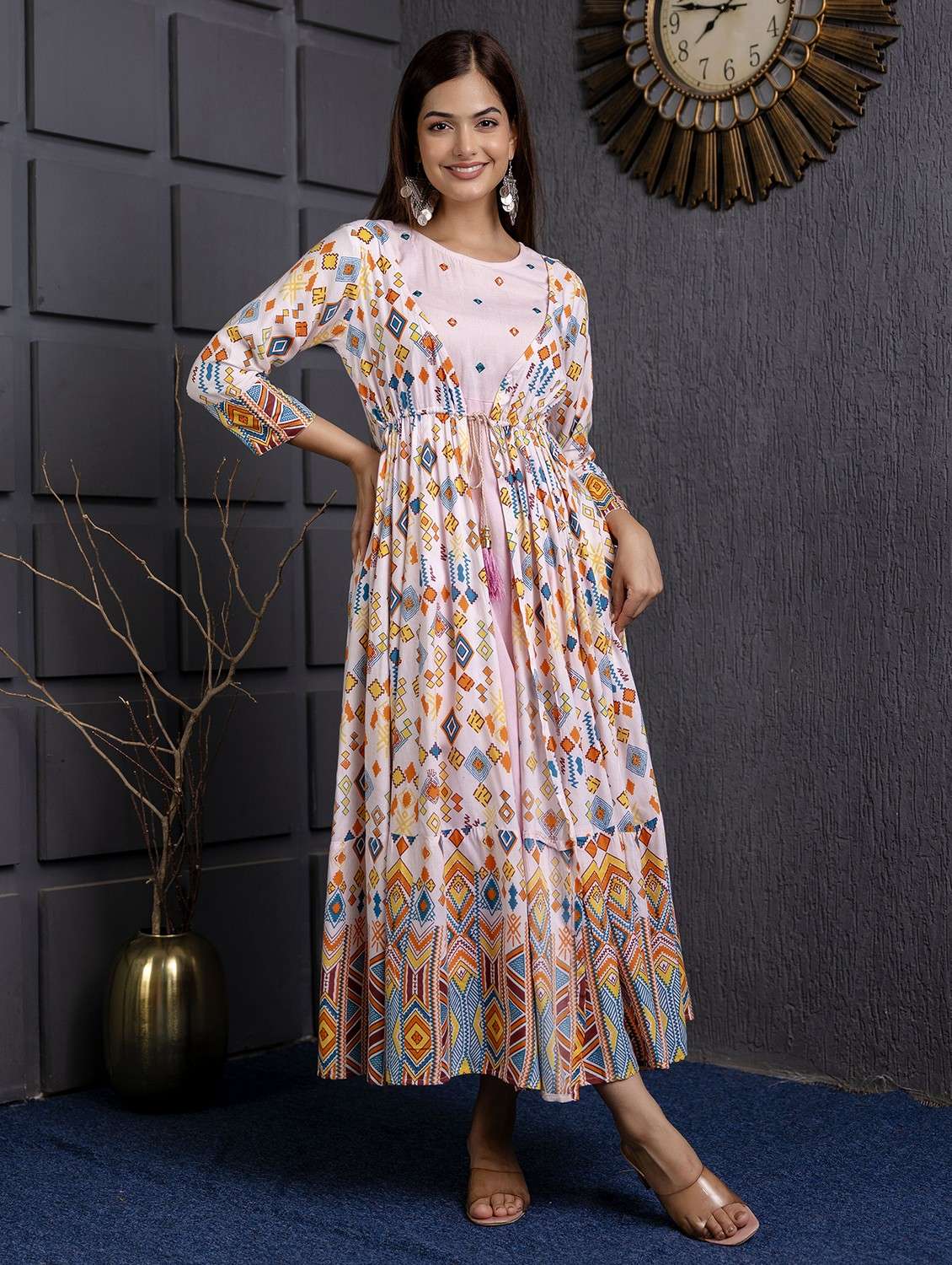 women printed three quarter sleeve ethnic dress - 22079880 -  Standard Image - 1