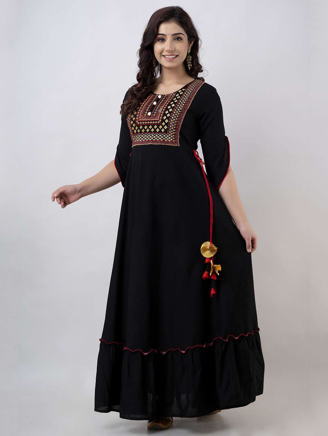 women embroidered three quarter sleeve ethnic dress - 22079883 -  Standard Image - 1