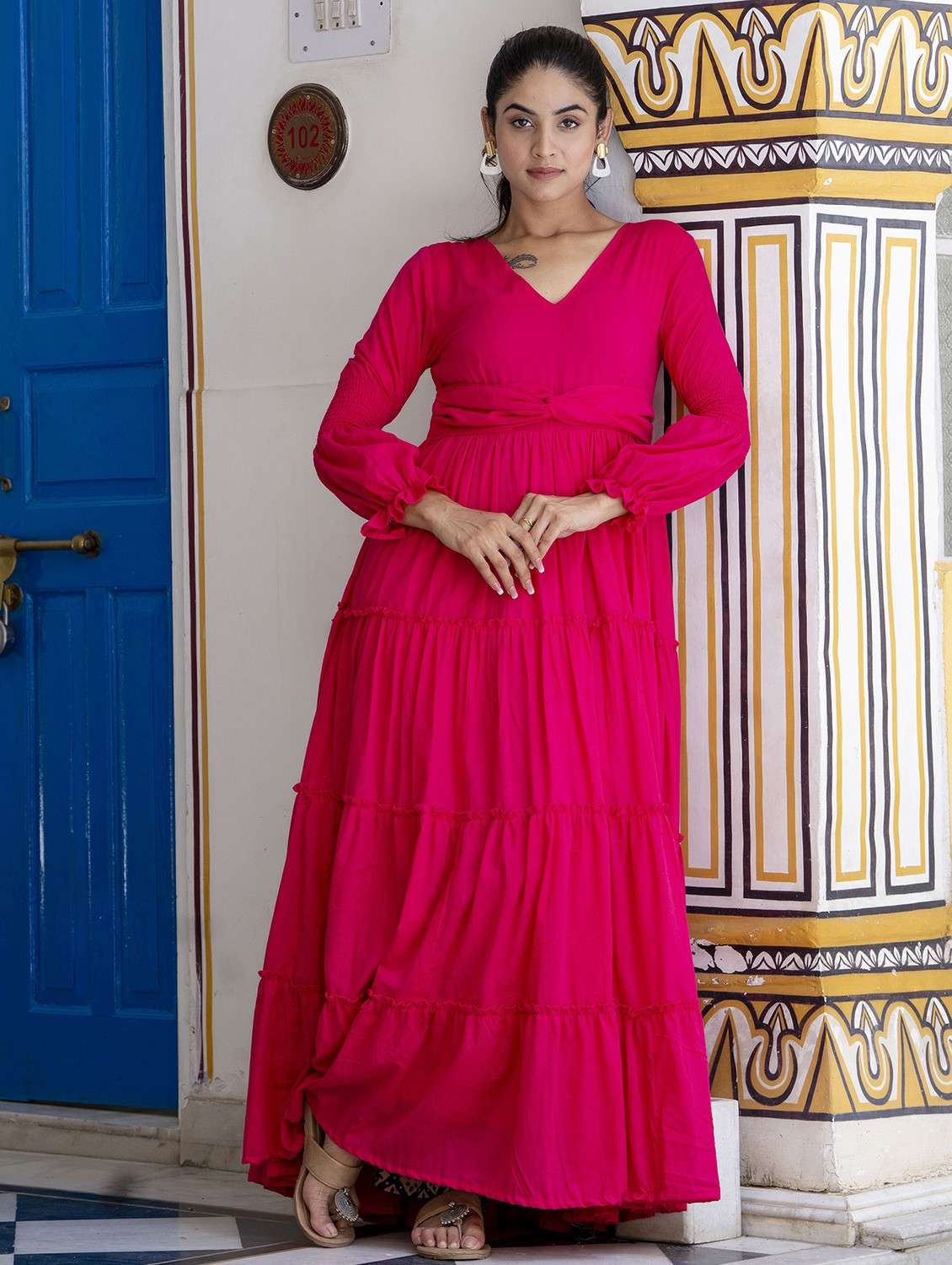 women solid long sleeve tiered ethnic dress - 22079884 -  Standard Image - 1