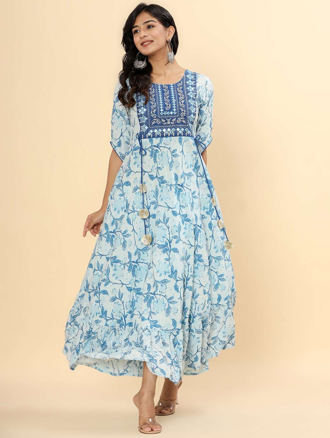 women floral printed three quarter sleeve ethnic dress
