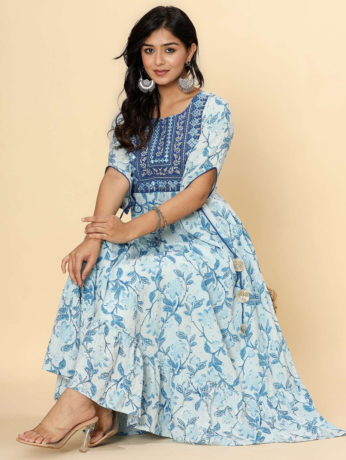 women floral printed three quarter sleeve ethnic dress - 22079886 -  Standard Image - 1