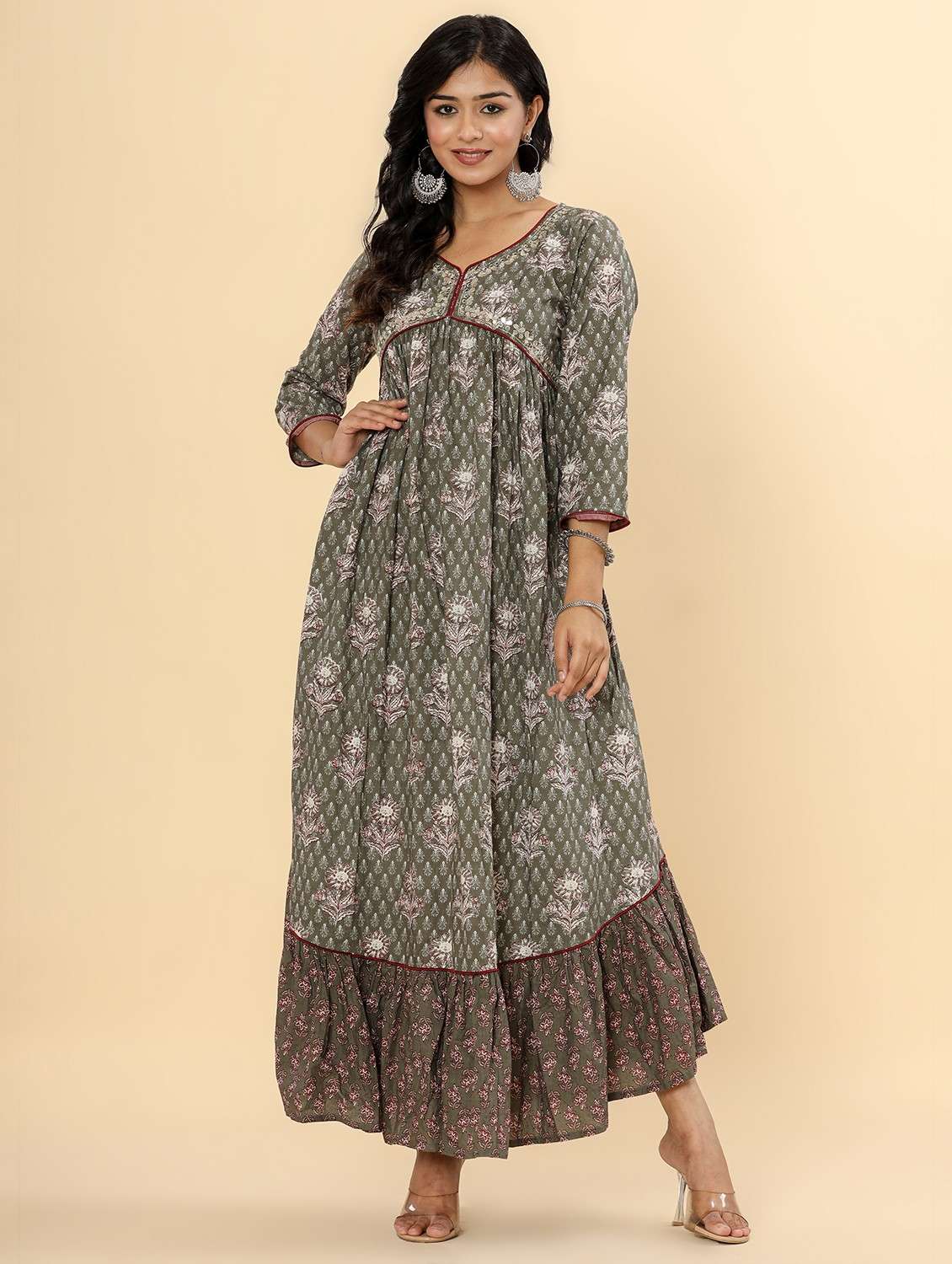 women printed three quarter sleeve ethnic dress