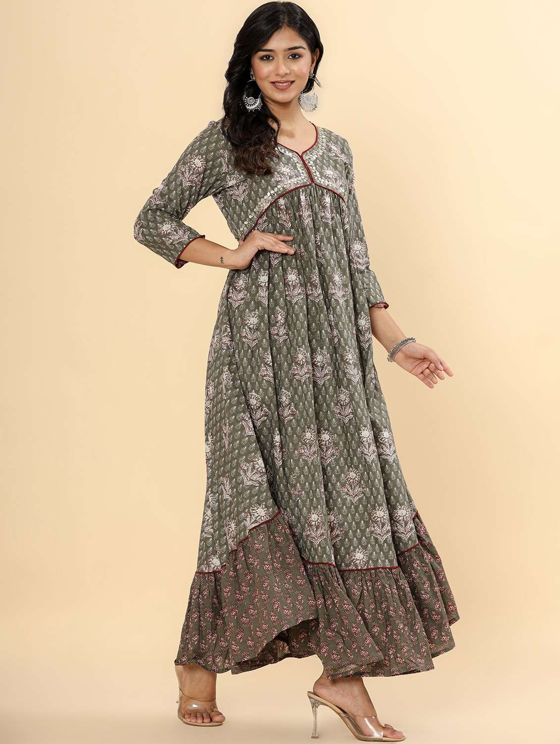 women printed three quarter sleeve ethnic dress - 22079887 -  Standard Image - 1