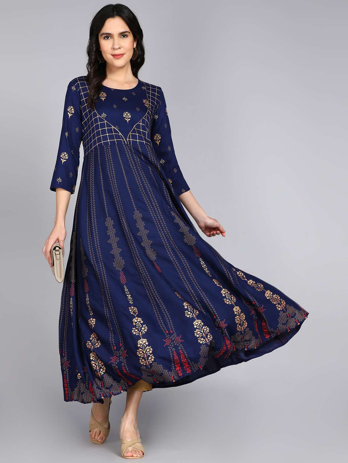 women foil printed three quarter sleeve ethnic dress - 22079890 -  Standard Image - 1