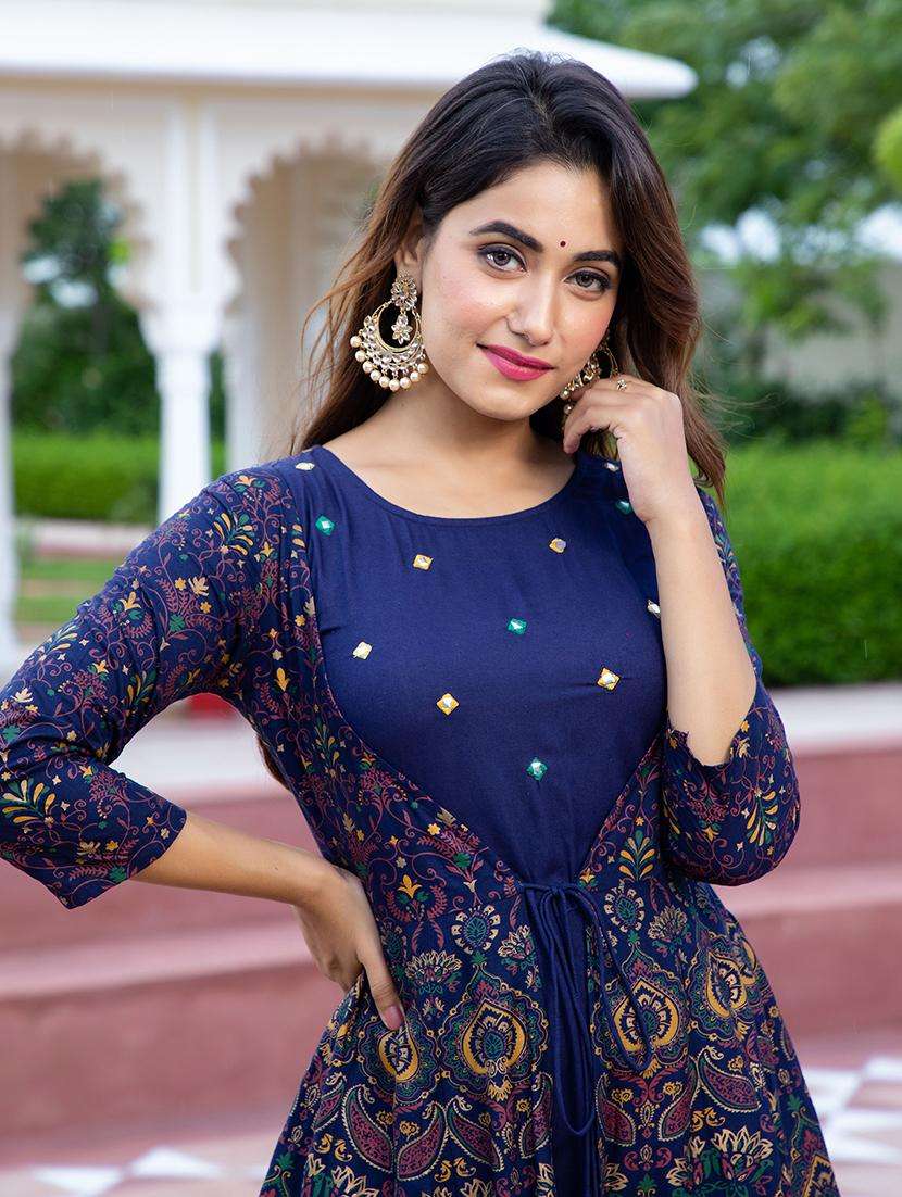 women printed three quarter sleeve ethnic dress - 22079893 -  Standard Image - 1