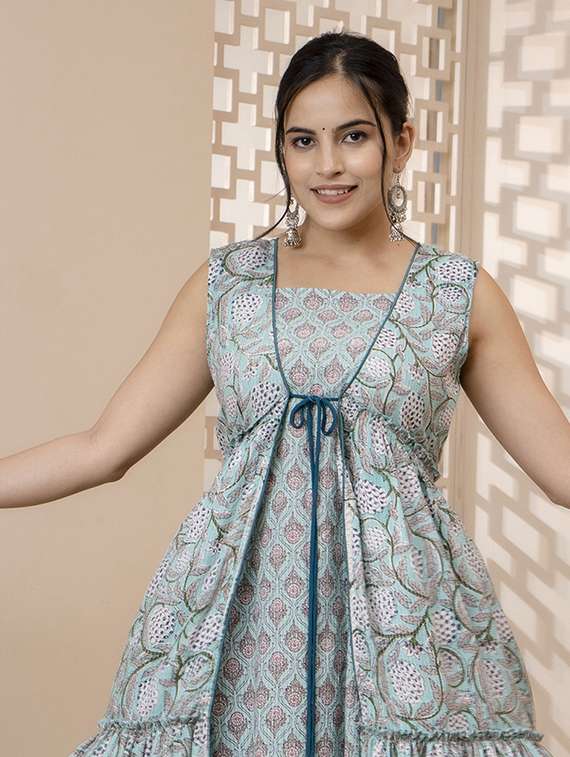 women printed sleeveless tiered ethnic dress - 22079895 -  Standard Image - 1