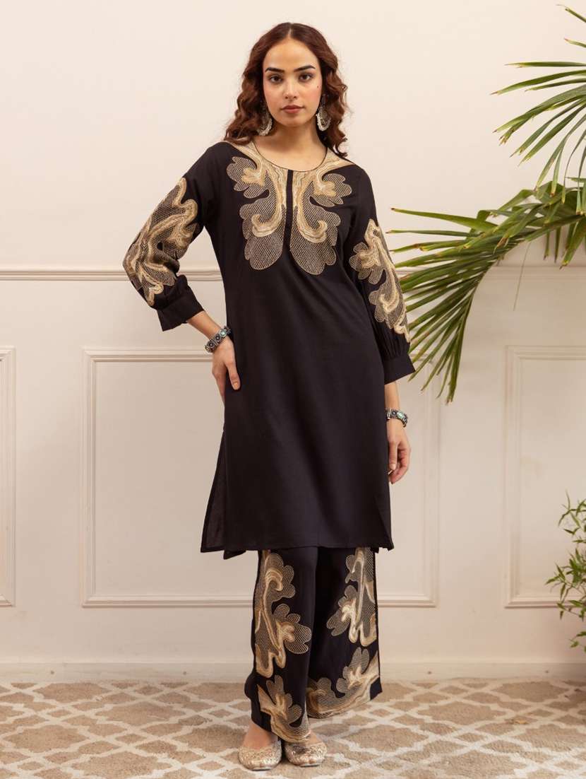 women solid with work three quarter sleeve ethnic co-ord set - 22079903 -  Standard Image - 1