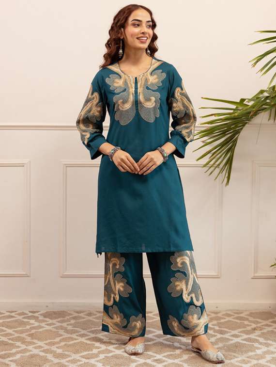 women solid with work three quarter sleeve ethnic co-ord set - 22079904 -  Standard Image - 1