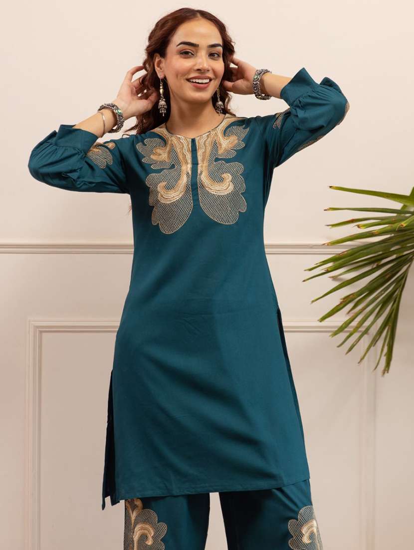 women solid with work three quarter sleeve ethnic co-ord set - 22079904 - Standard Image - 4