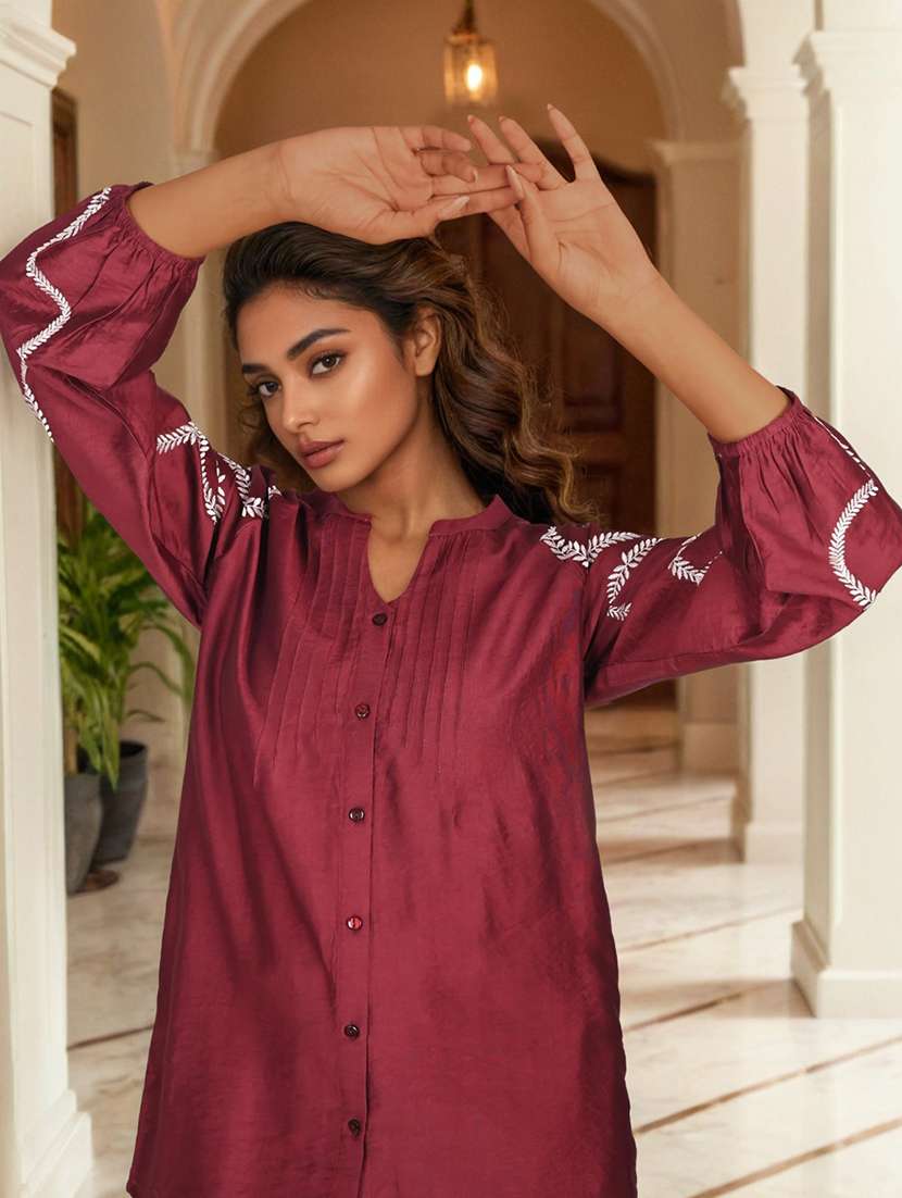 women solid with work long sleeve ethnic co-ord set - 22079915 -  Standard Image - 1