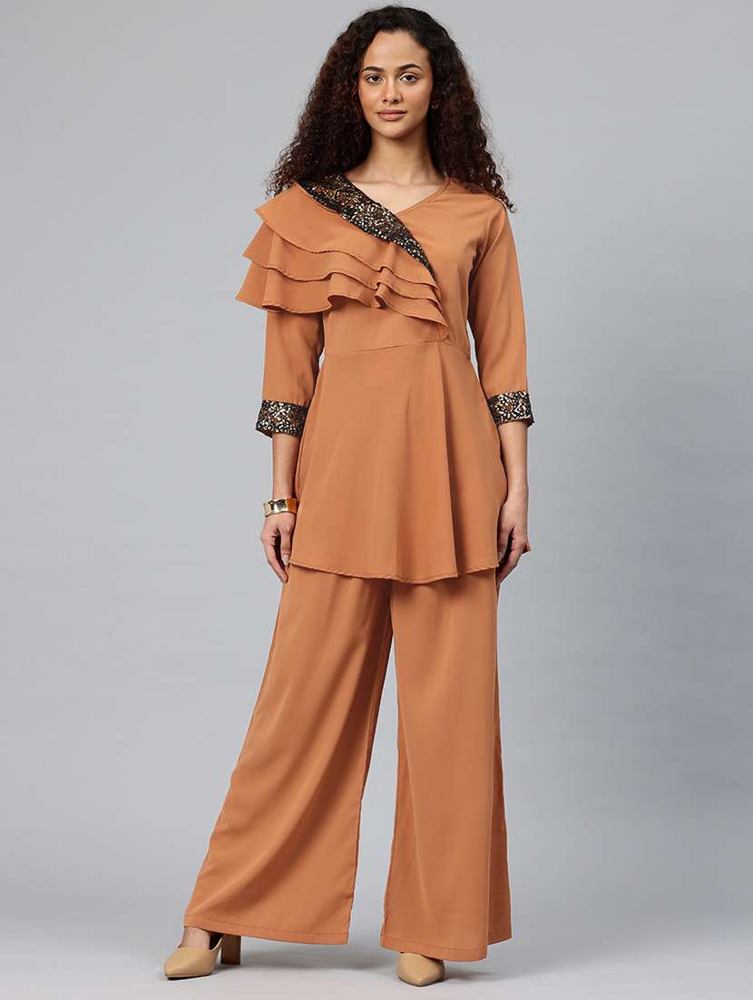rust polyester top and palazzos set coord - 22080534 -  Standard Image - 1