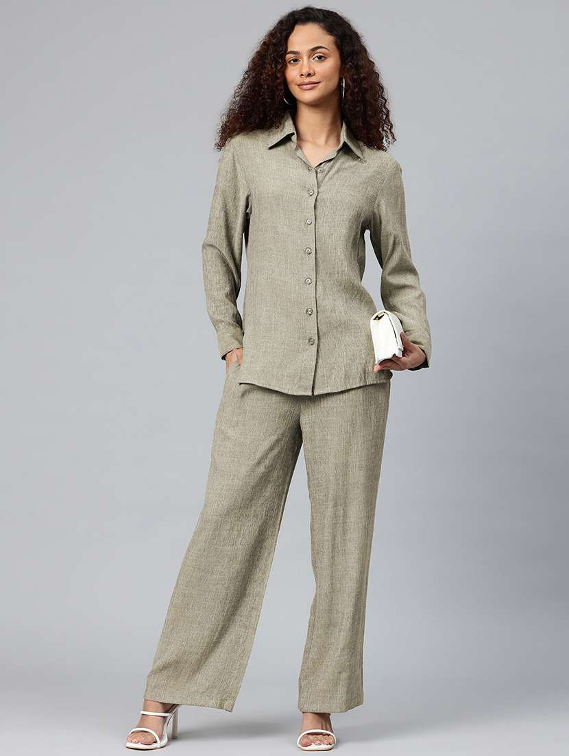 women solid shirt and trouser co-ord set