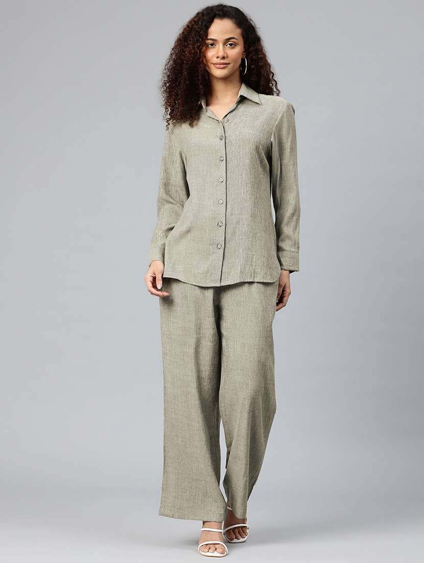 women solid shirt and trouser co-ord set - 22080548 -  Standard Image - 1