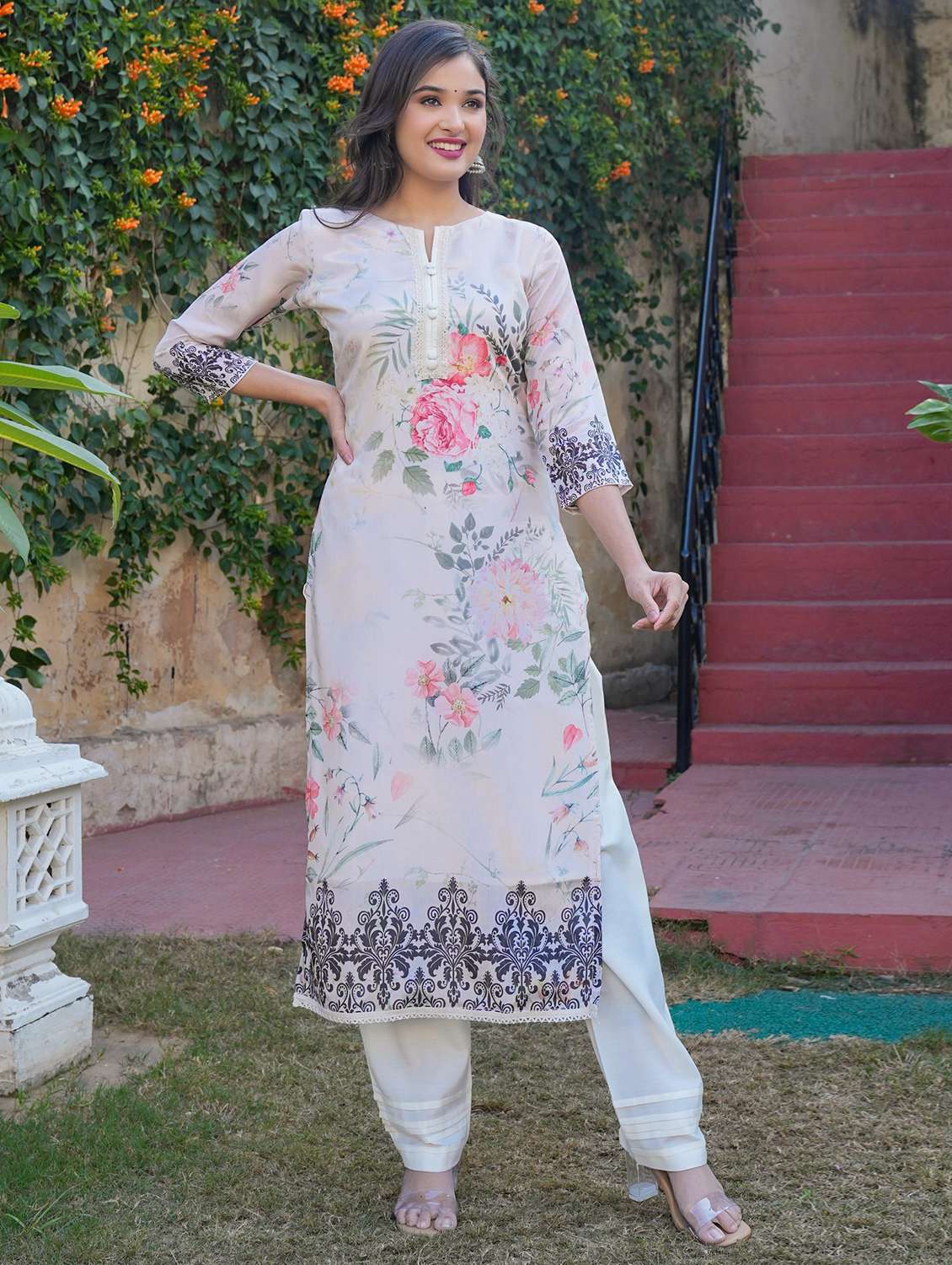 women three quarter sleeve kurta pant with dupatta set - 22080563 -  Standard Image - 1