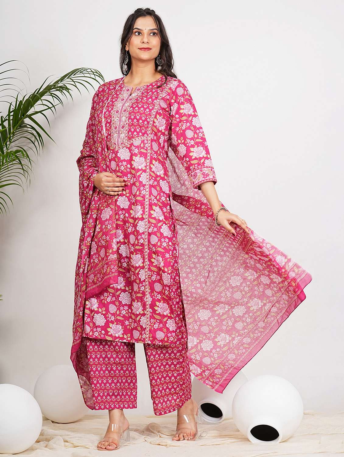 women three quarter sleeve kurta palazzo with dupatta set - 22080564 -  Standard Image - 1