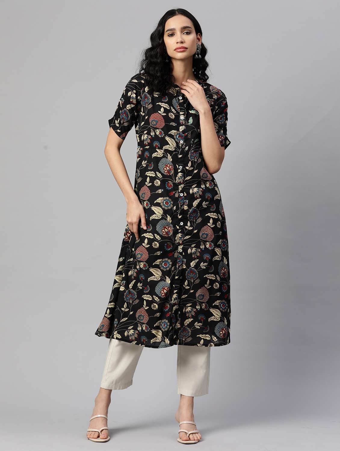 women floral printed short sleeve a-line kurta