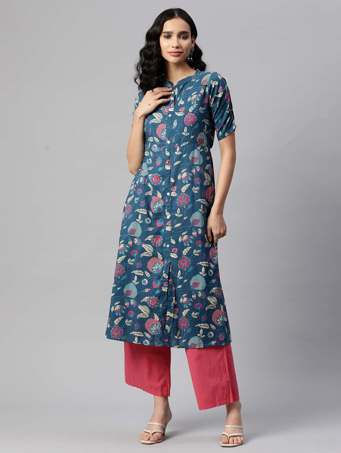 women floral printed short sleeve a-line kurta - 22080567 -  Standard Image - 1