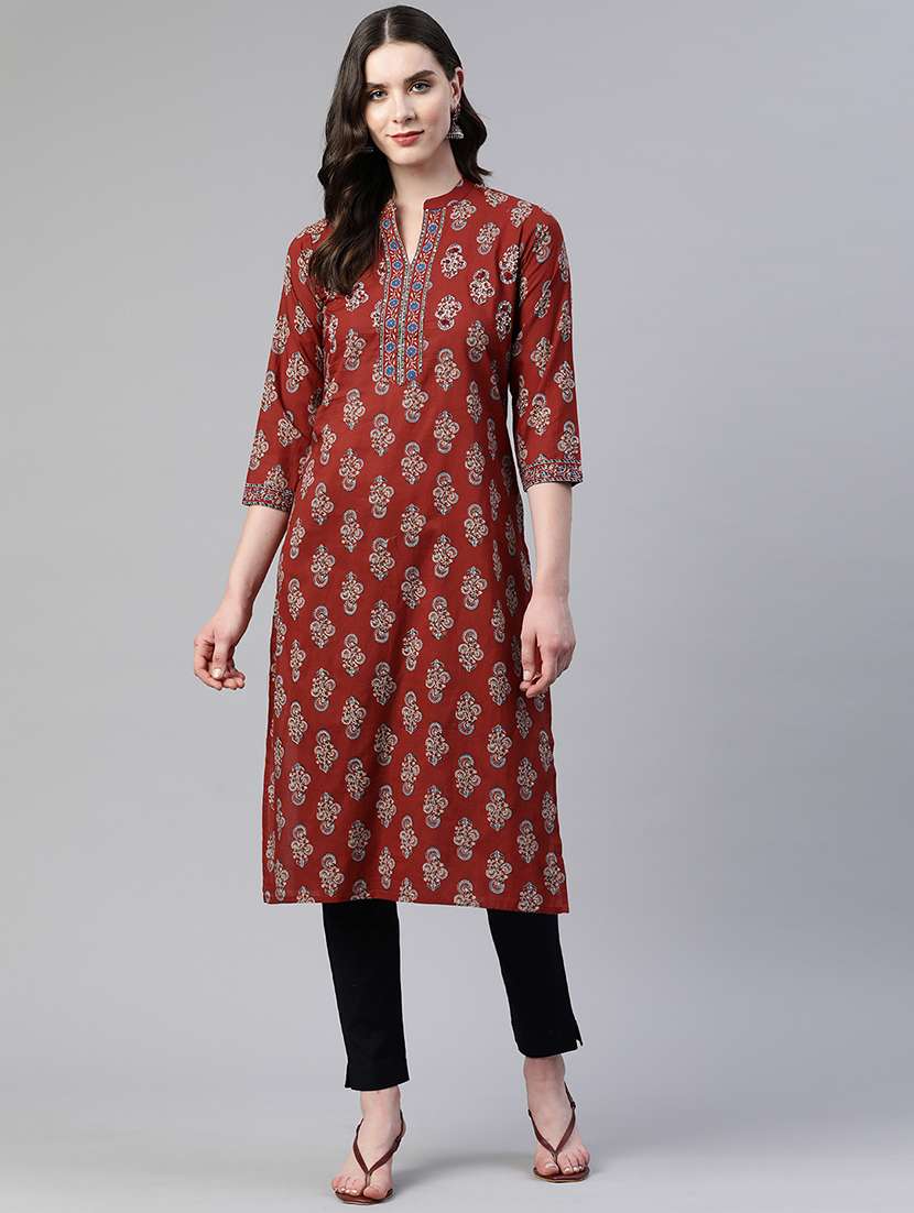 women floral printed three quarter sleeve straight kurta - 22080568 -  Standard Image - 1