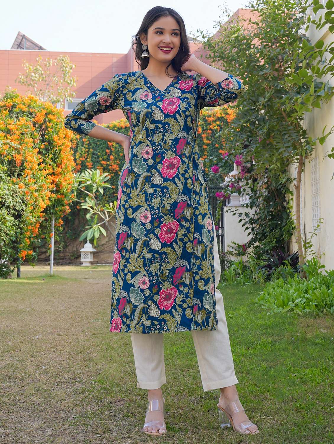 women floral three quarter sleeve straight kurta