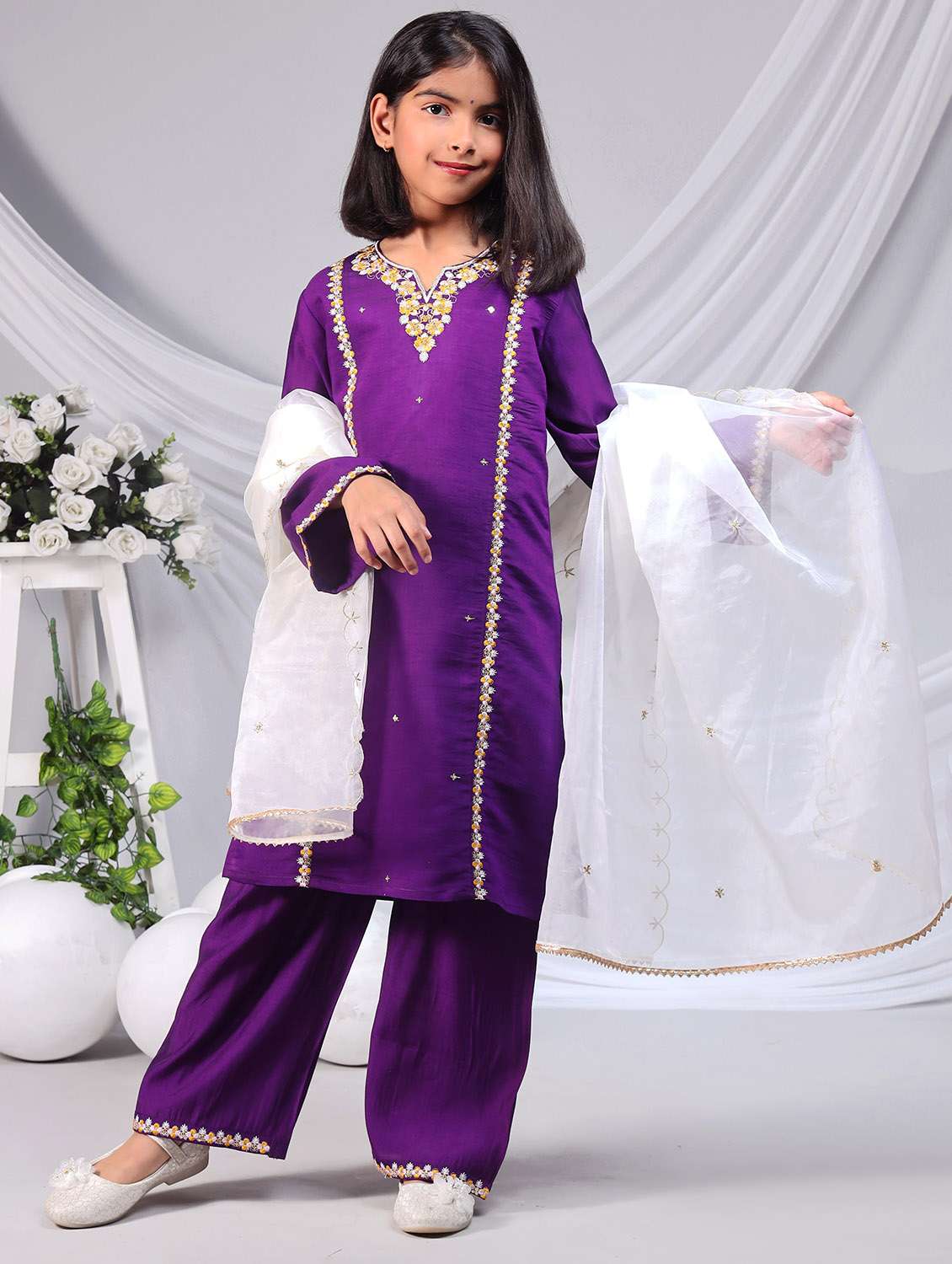 girls embroidered kurta and palazzo with dupatta  