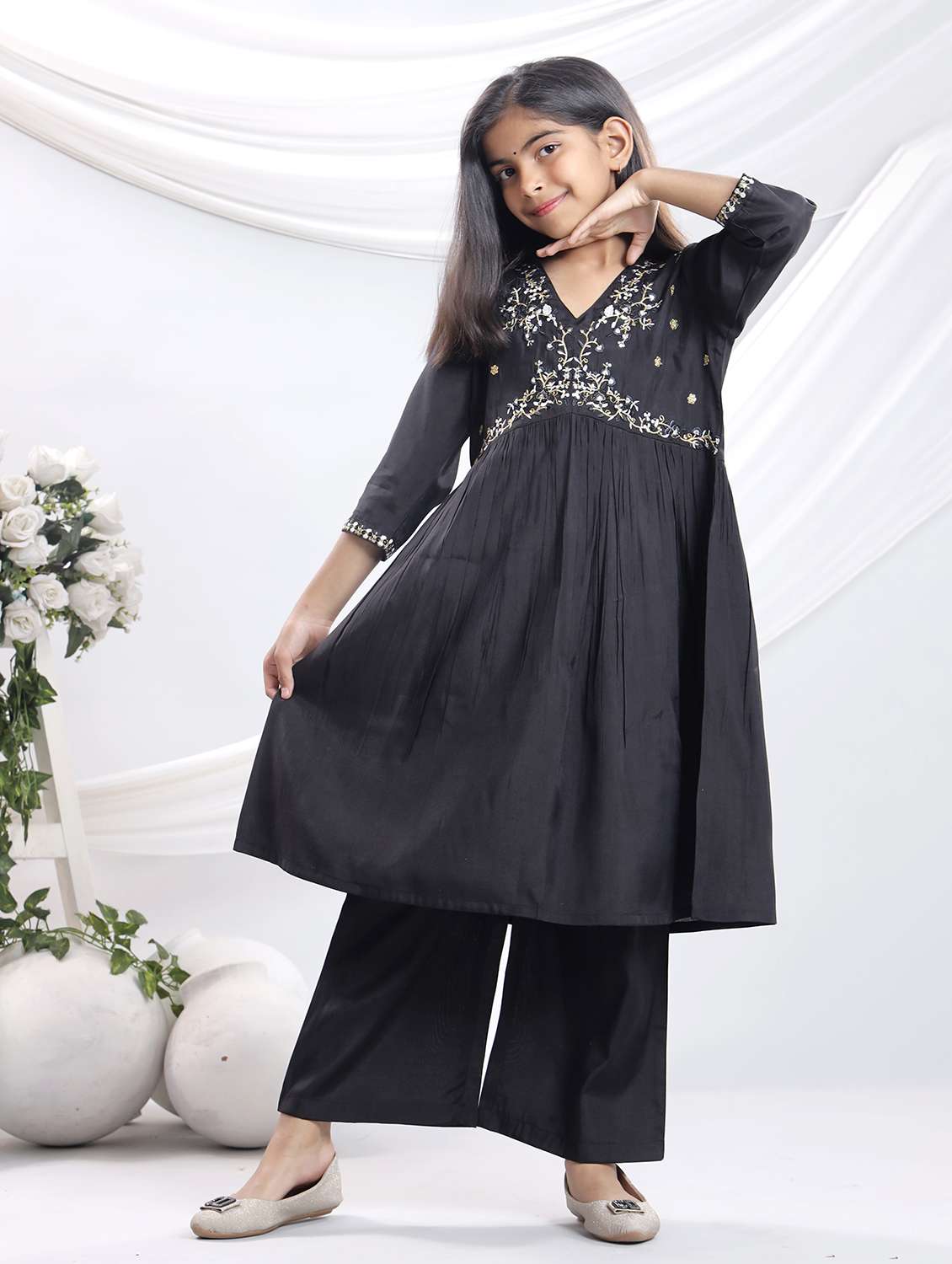  girls embroidered kurta and palazzo with dupatta   - 22080639 -  Standard Image - 1