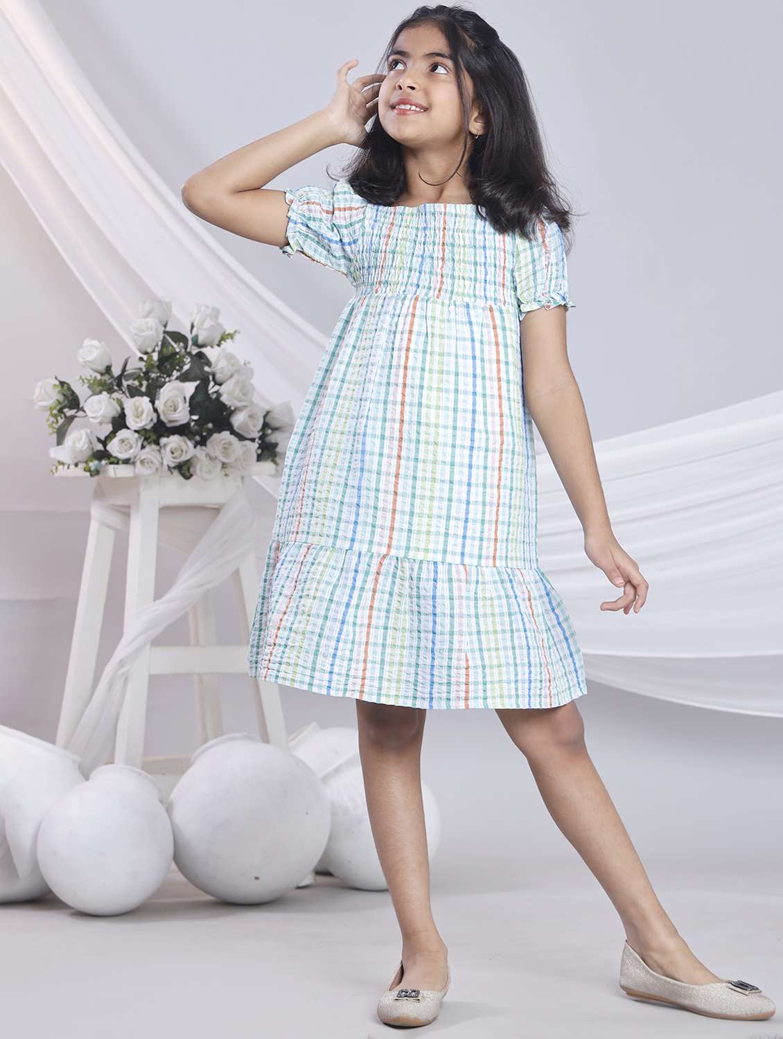 women checkered off shoulder tiered dress - 22080652 -  Standard Image - 1