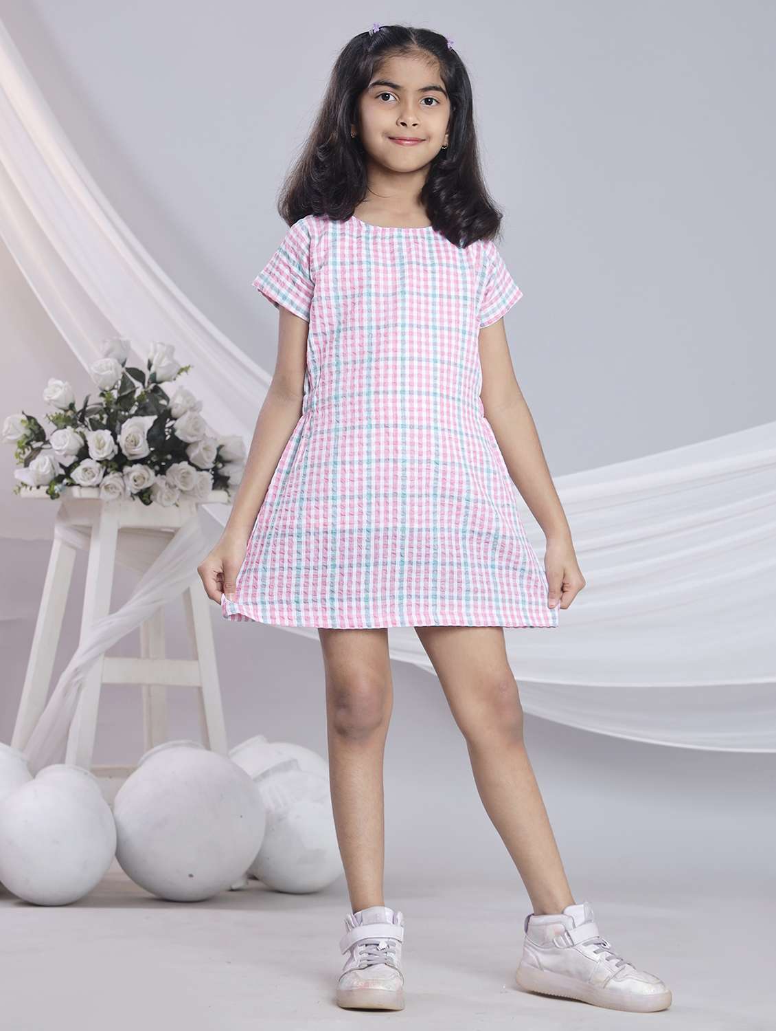 girls checkered short sleeve a-line dress