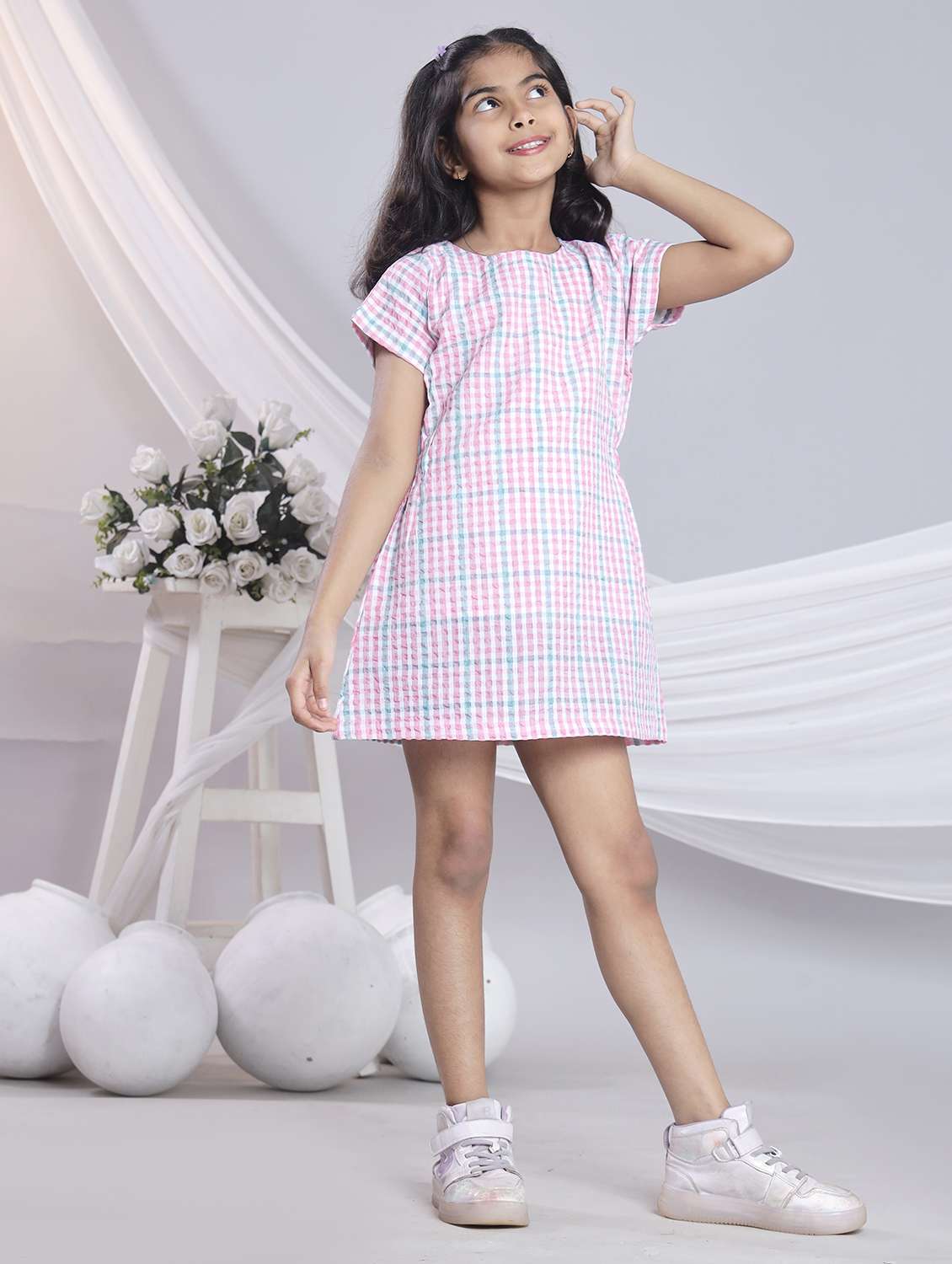 girls checkered short sleeve a-line dress - 22080653 - Standard Image - 1
