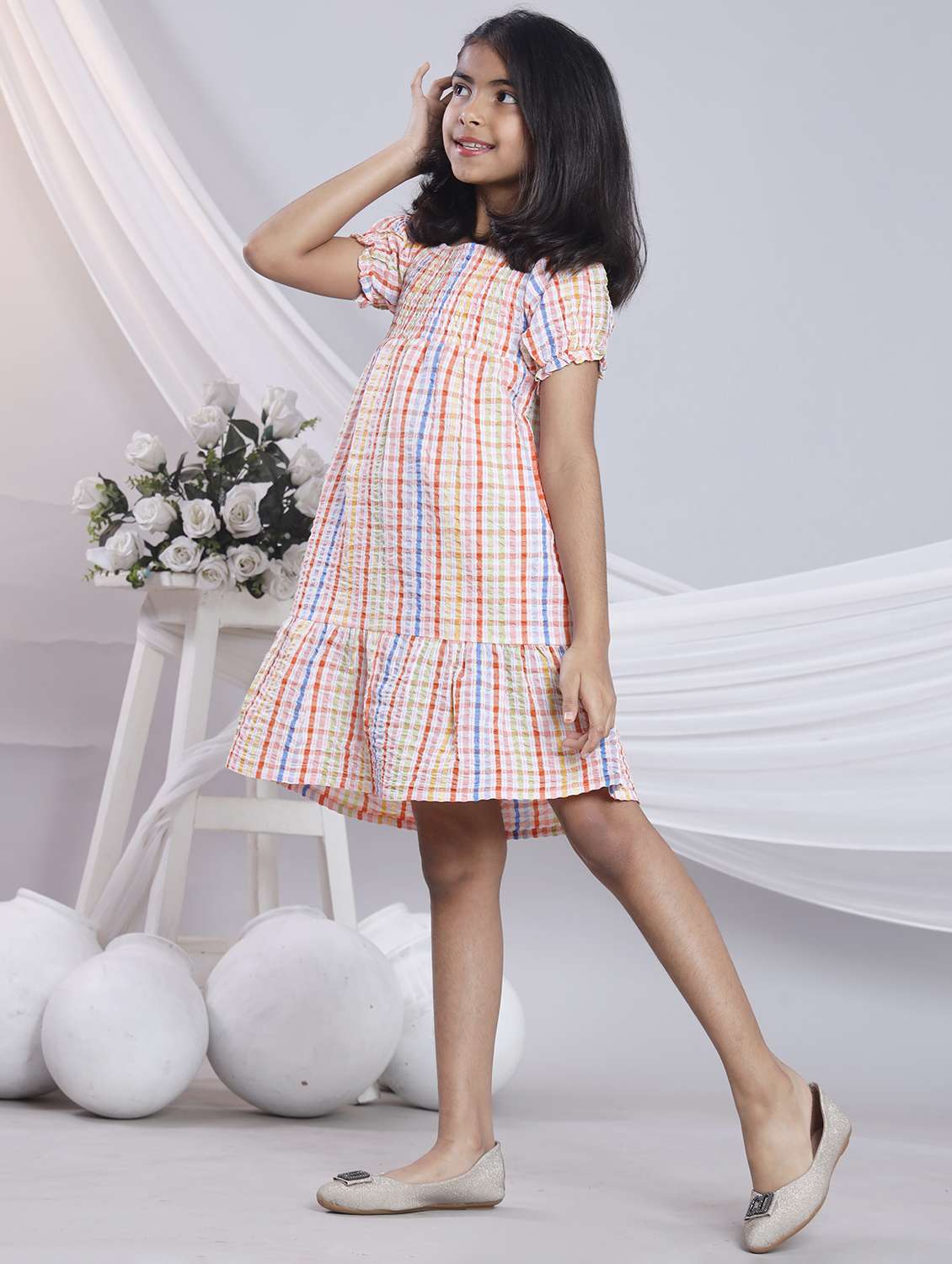 Girls Checkered Off Shoulder Tiered Dress - 22080656 -  Standard Image - 1