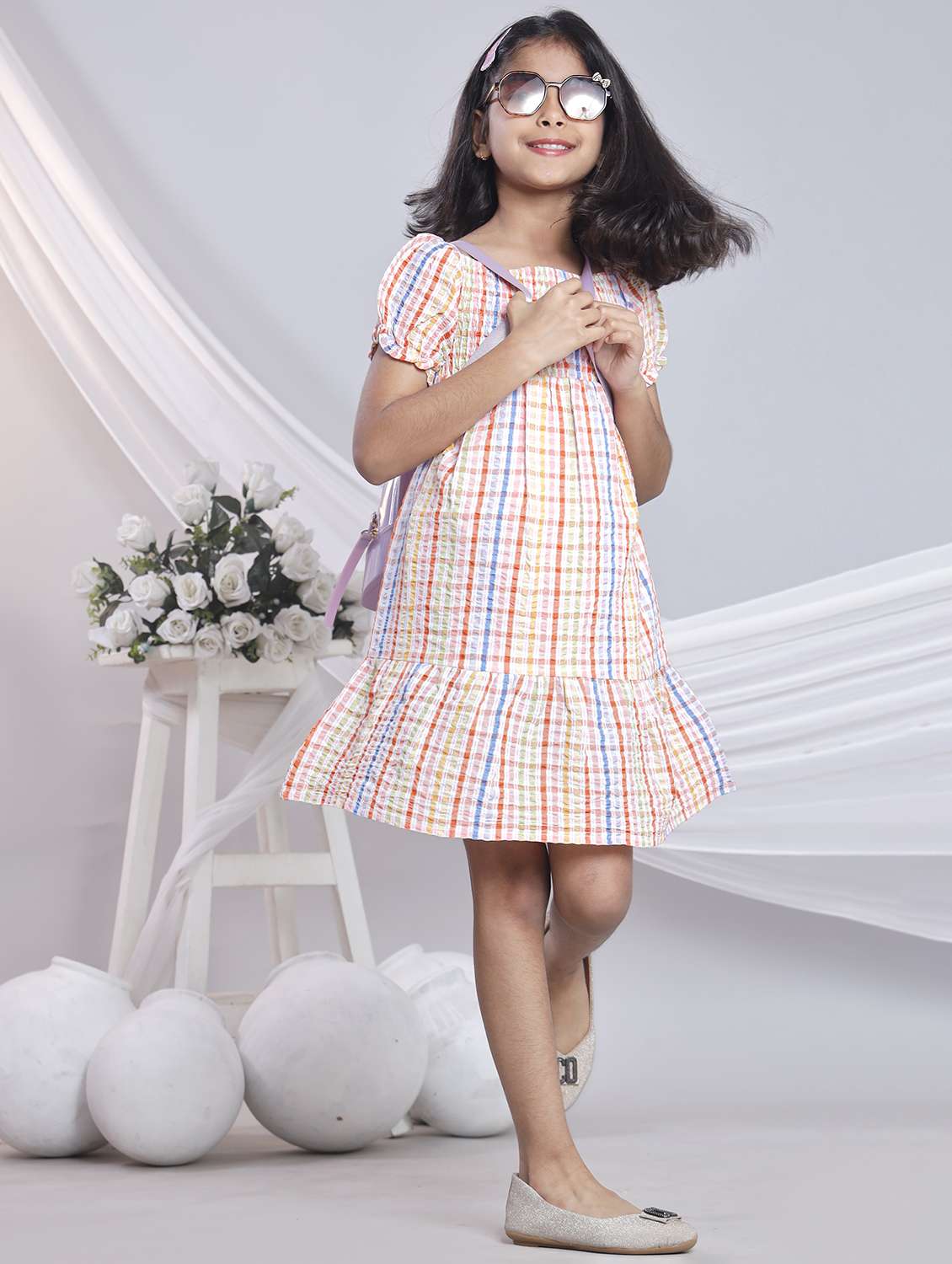 Girls Checkered Off Shoulder Tiered Dress - 22080656 -  Standard Image - 4