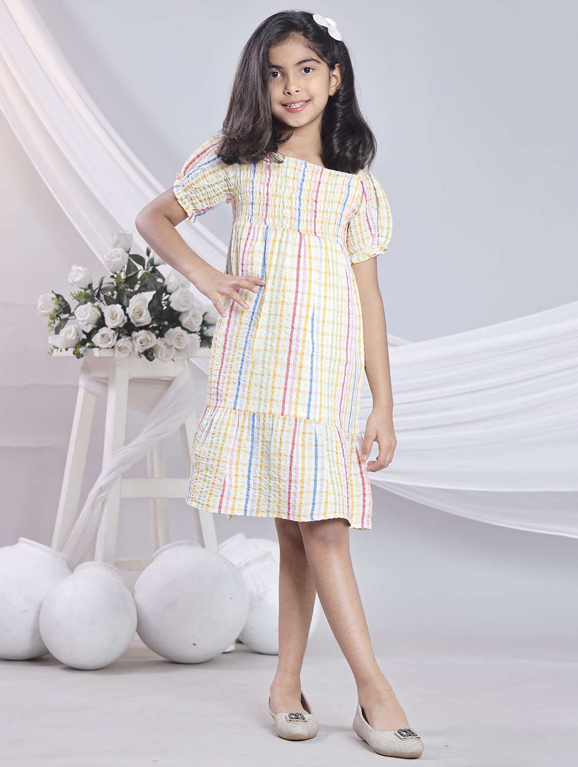 girls checkered off shoulder tiered dress - 22080657 -  Standard Image - 1